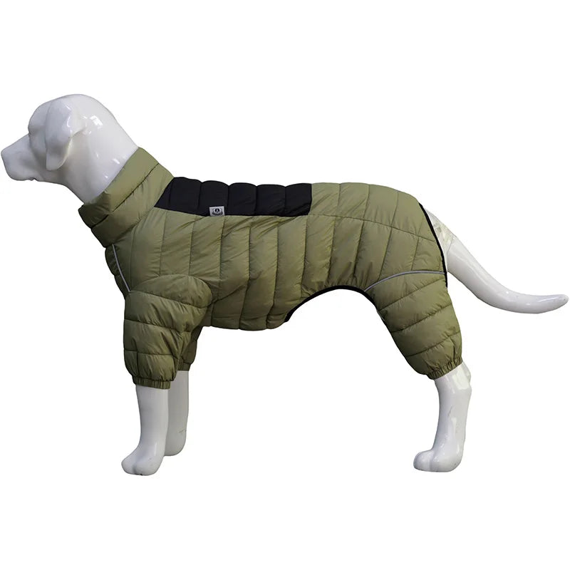 Olive green puffer dog coat with black accents on dog mannequin, full-body winter pet jacket