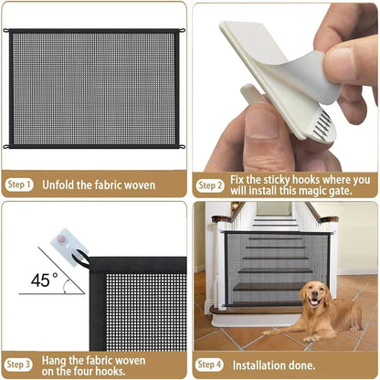 Pet Dog Barrier Fences With 4Pcs Hook Pet Isolated Network Stairs Gate New Folding Breathable Mesh Playpen For Dog Safety Fence installation steps.