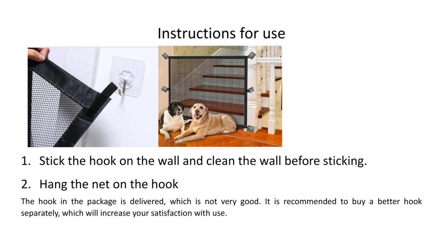 Instructions for use of Heavy Duty Dog Barrier Fence with Hooks Insulated Net Foldable Breathable Mesh Mirror Door Pet Security Gate.