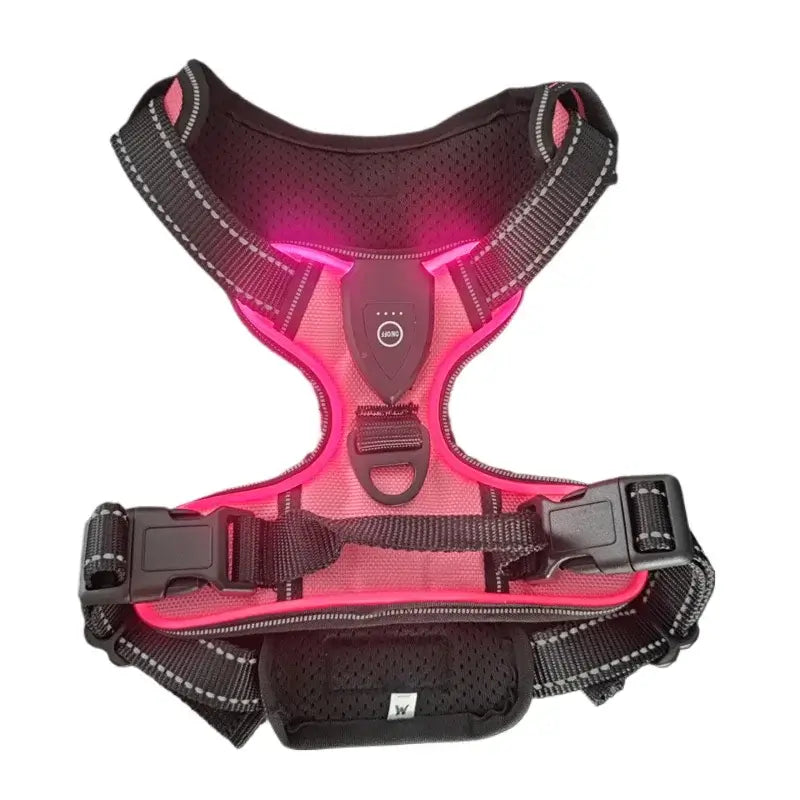 LED dog harness for night walking pink rechargeable luminous vest harness with 3 light modes, nylon slip-on safety harness