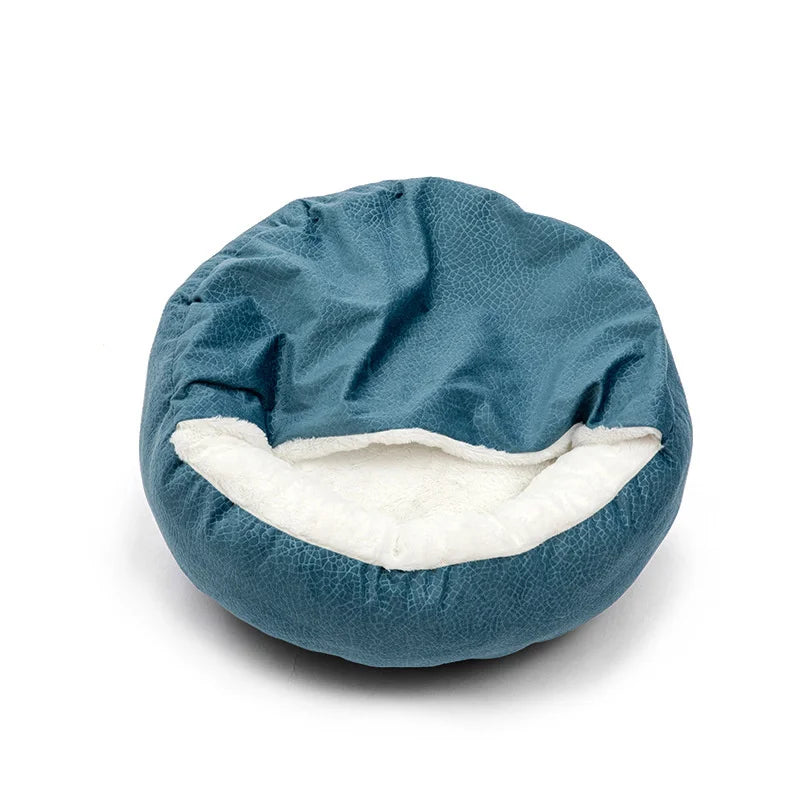 orthopedic waterproof dog bed with hooded blanket cozy round pet bed for dogs and cats, warm washable cushioned nesting bed