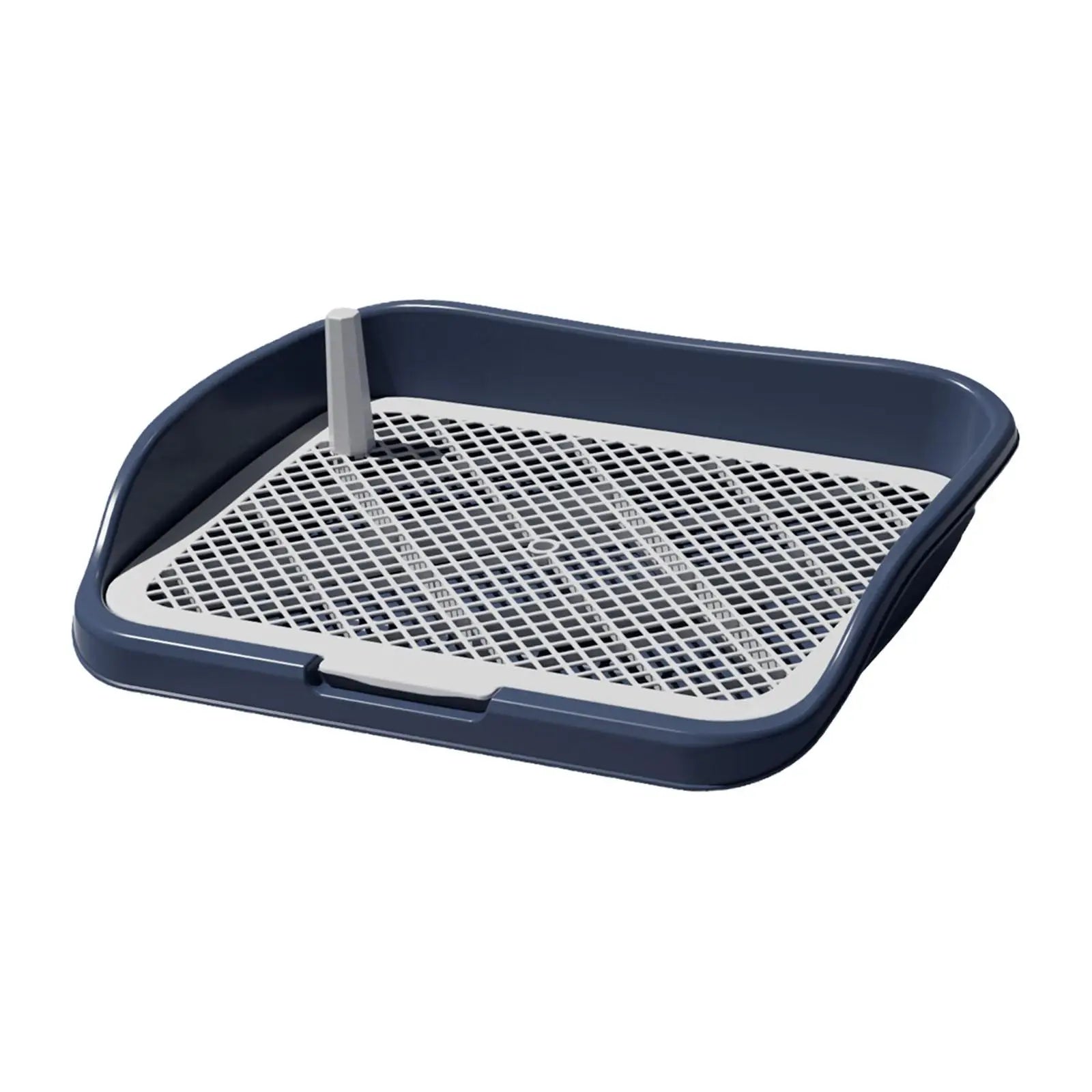 Dog potty training tray with blue base and removable mesh grid on white background