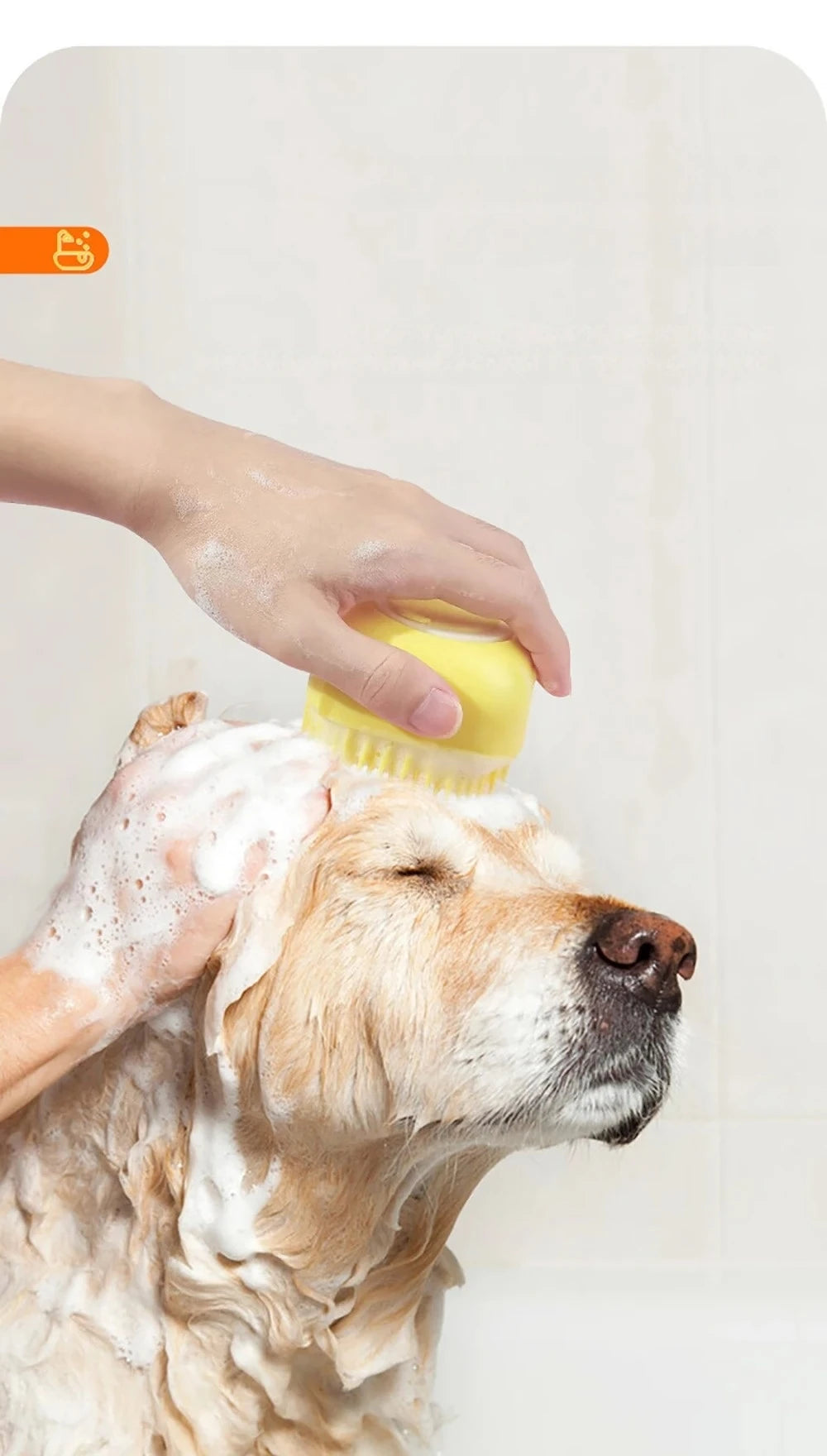 dog bathing brush with shampoo dispenser for washing a wet dog in the shower, massaging and grooming pet fur