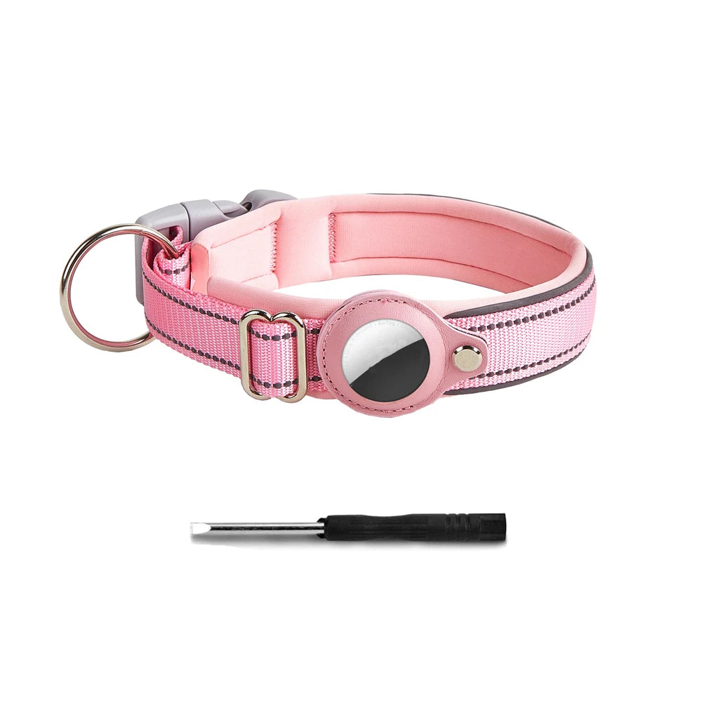 Pink adjustable dog collar with reflective stripes, tracking tag holder, and small screwdriver included.