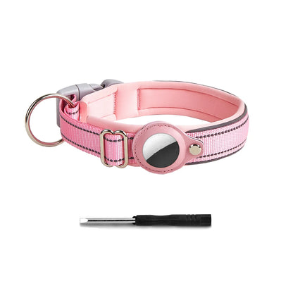 Pink adjustable dog collar with reflective stripes, tracking tag holder, and small screwdriver included.