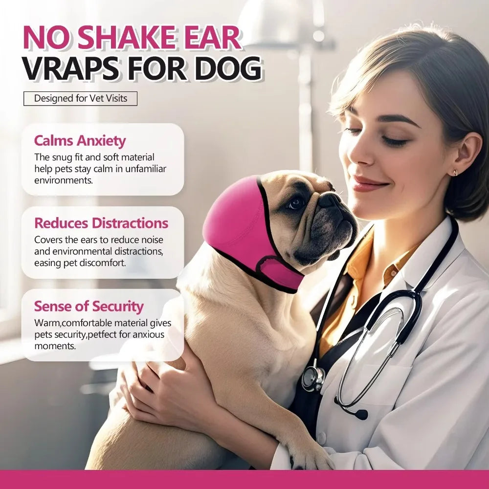 Veterinarian holding a dog wearing a pink no-shake ear wrap for anxiety relief at vet visits.