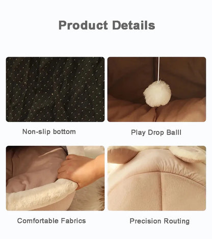 foldable washable cat bed with non-slip bottom, play ball, soft fabrics and precision routing for cozy pet comfort