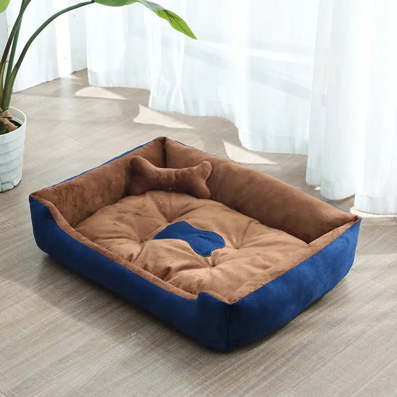 all-season pet bed house for dogs and cats, soft brown and blue washable cotton kennel bed, breathable indoor sleeping mat