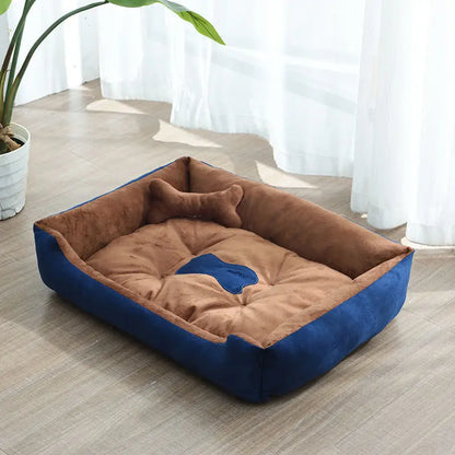 all-season pet bed house for dogs and cats, soft brown and blue washable cotton kennel bed, breathable indoor sleeping mat