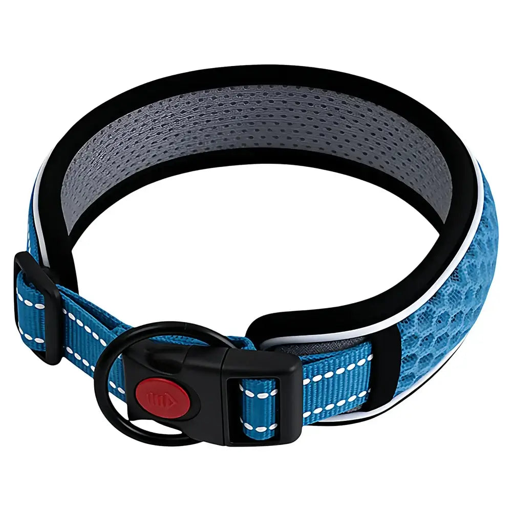 Blue reflective adjustable dog collar with breathable mesh, durable buckle, and secure fit for small, medium, and large dogs
