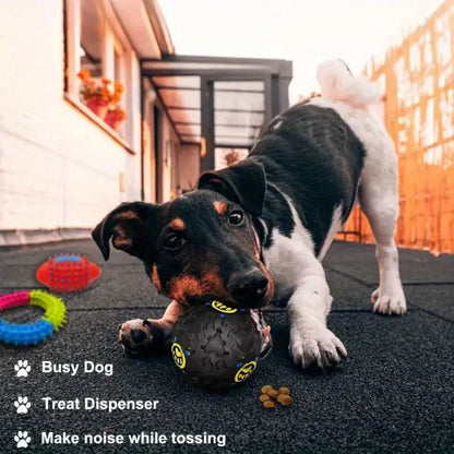 Dog playing with interactive treat-dispensing ball toy on outdoor patio, chew toys nearby.
