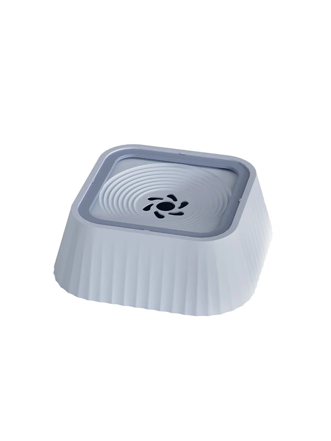 Square white elevated dog water bowl with anti-spill design on white background