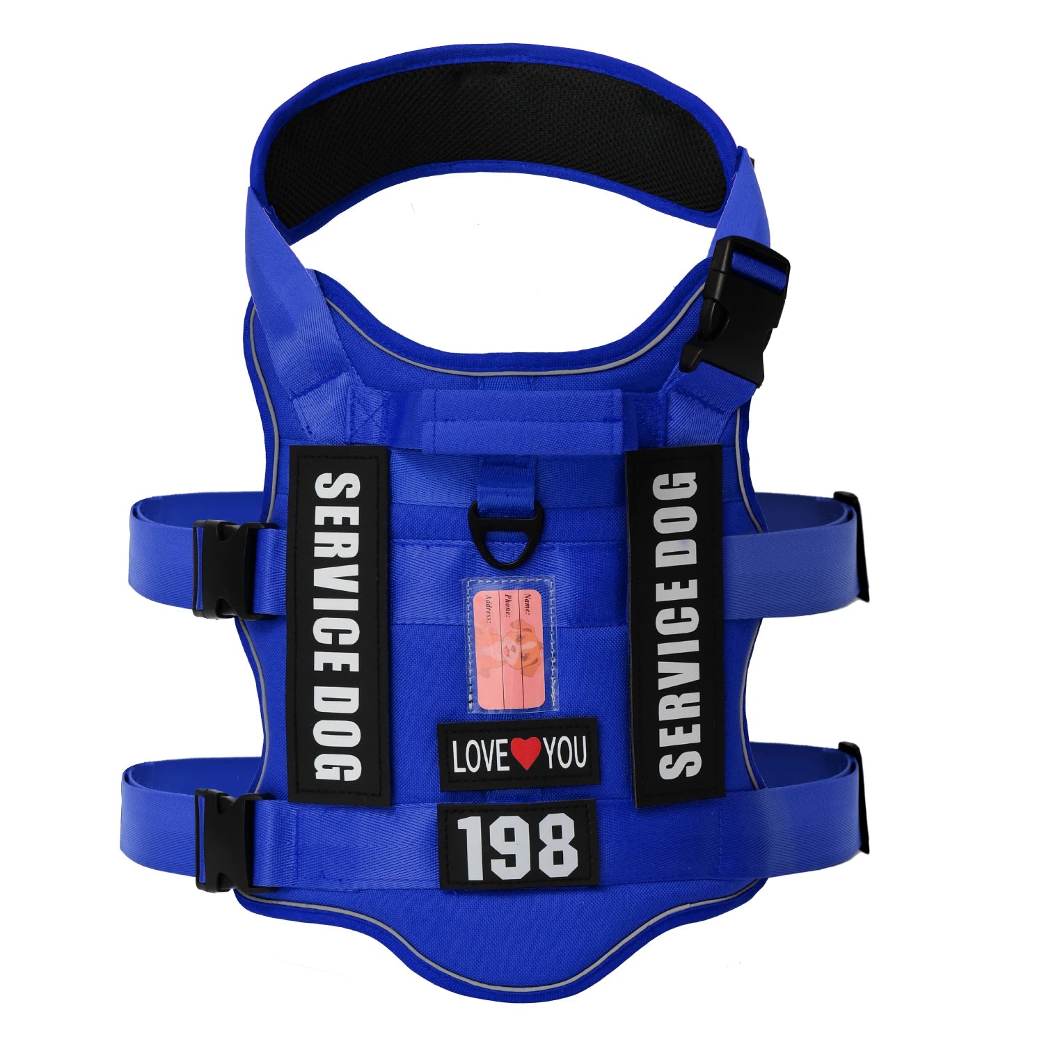 Blue service dog vest with adjustable straps, handle, and visible identification patches.