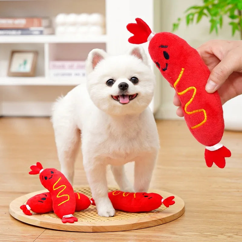 squeaky plush dog chew toy for puppies, red hot dog plush squeaker, bite-resistant interactive dog toy