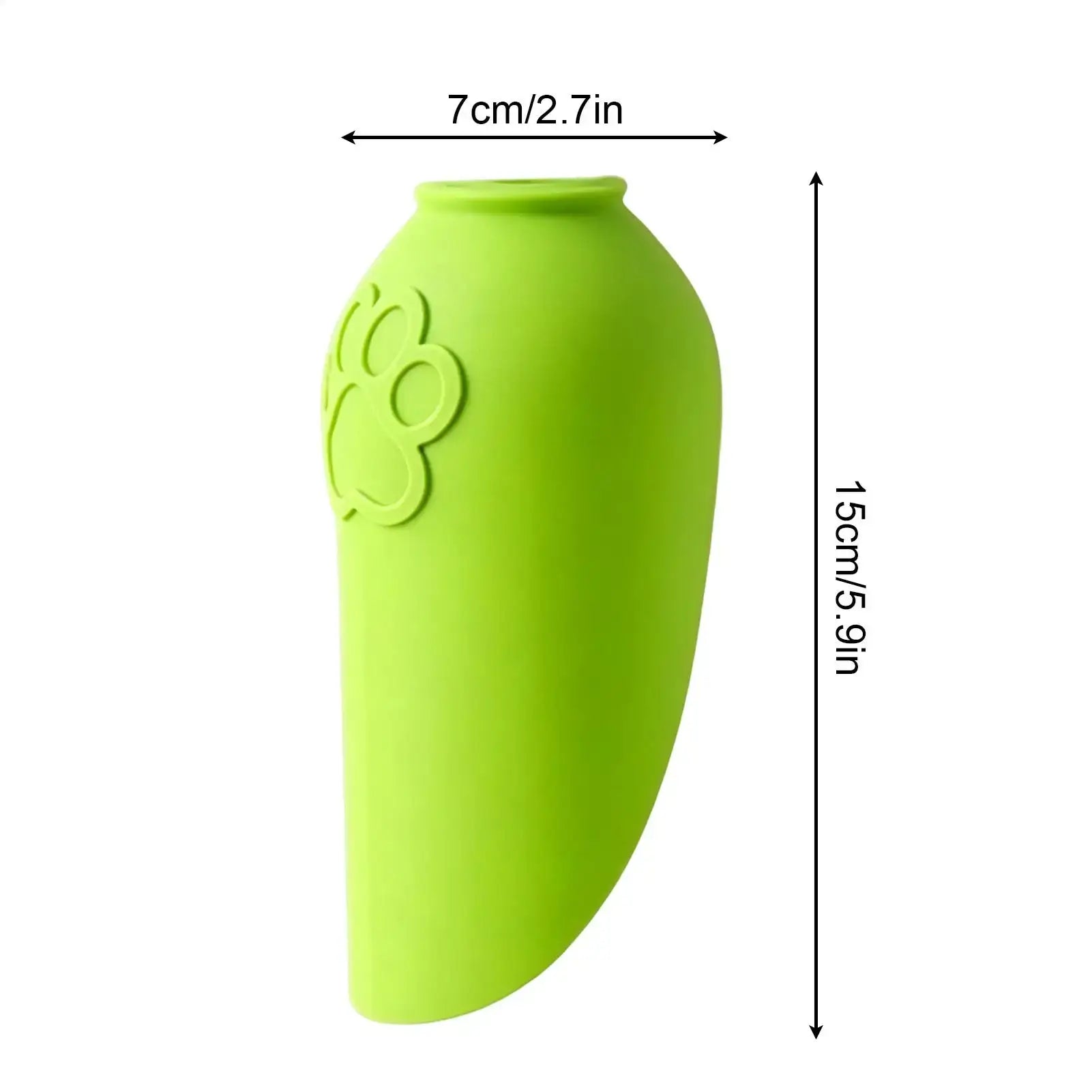 portable dog water bottle foldable green pet watering container, 15cm tall, 7cm wide, for outdoor walks and hiking