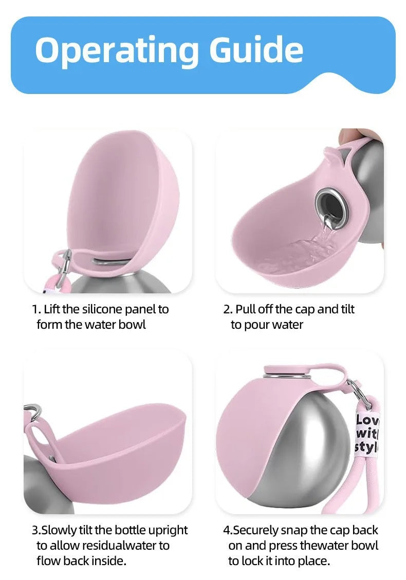 Operating guide for portable dog water bottle with silicone leak-proof bowl for easy outdoor drinking