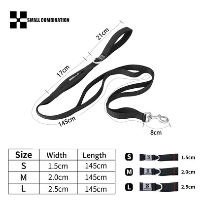 reflective no pull dog harness set with adjustable leash, padded handle, and size chart for medium and large dogs