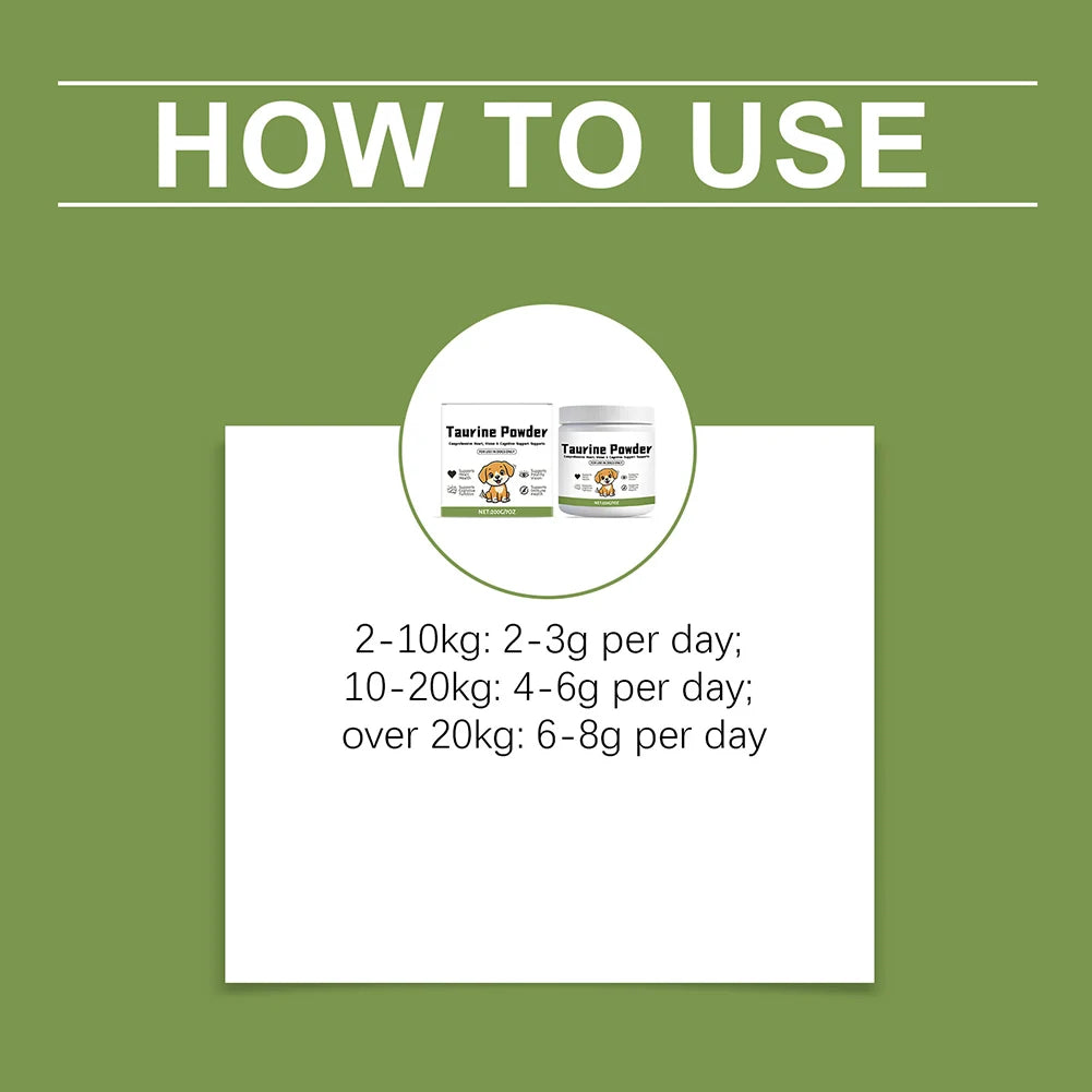 Taurine Powder for dogs usage instructions by weight on green background with product image.