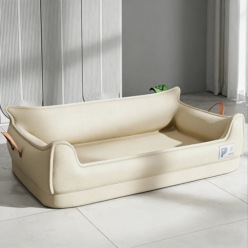 Beige orthopedic leather dog bed with detachable rectangular sofa design, waterproof non-slip bottom, machine washable