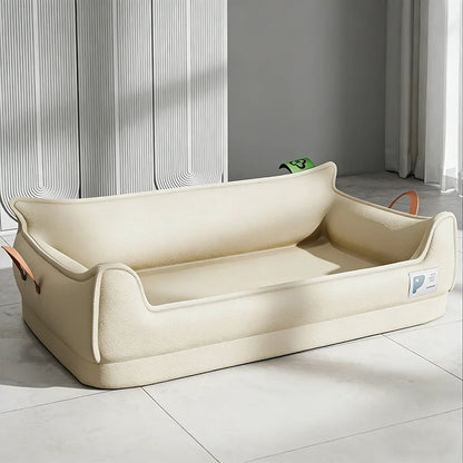 Beige orthopedic leather dog bed with detachable rectangular sofa design, waterproof non-slip bottom, machine washable