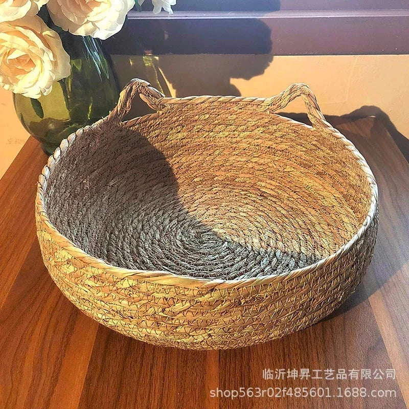 rattan cat basket bed round woven pet sleeping nest with soft cushion cozy warm comfort for cats and small dogs