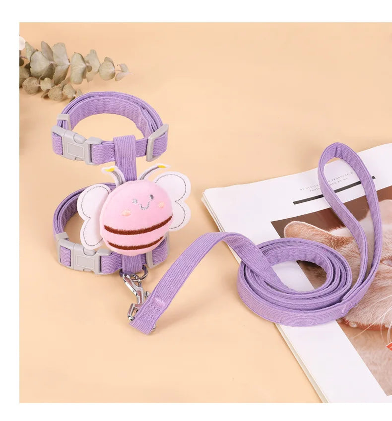 adjustable cat harness and leash set with purple bowknot and cute flower decoration for small pets, quick release buckle