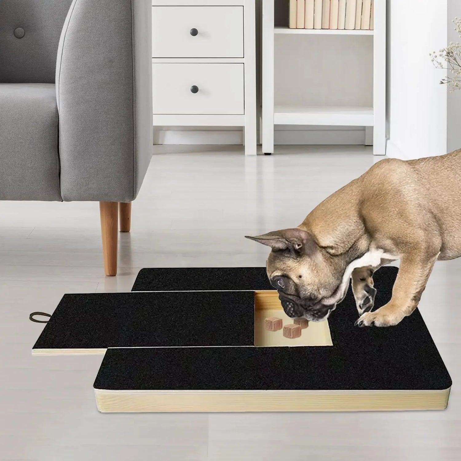Dog using dog nail scratch pad wooden pull-out grinder board at home for safe pet nail trimming