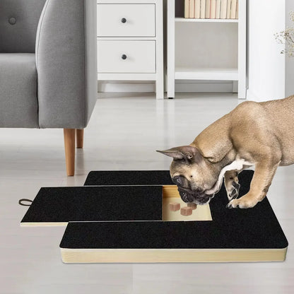 Dog using dog nail scratch pad wooden pull-out grinder board at home for safe pet nail trimming