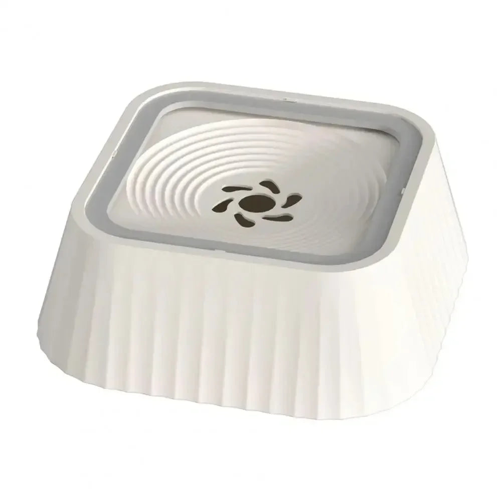 Square white dog water bowl with anti-spill design and textured sides on white background
