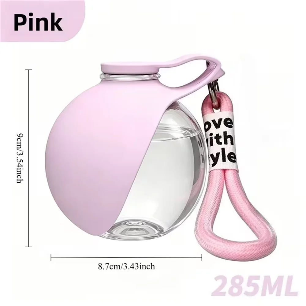Pink portable pet water bottle, 285ML, leak-proof travel dispenser with foldable bowl for dogs