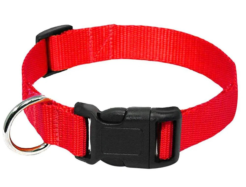 adjustable dog collar with D-ring, red nylon pet collar with quick release buckle for dogs, goats, sheep, and horses