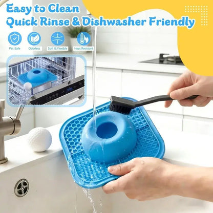 Easy-to-clean slow feeder dog bowl with dishwasher-friendly design, blue resin bowl, and anti-slip tray for dogs