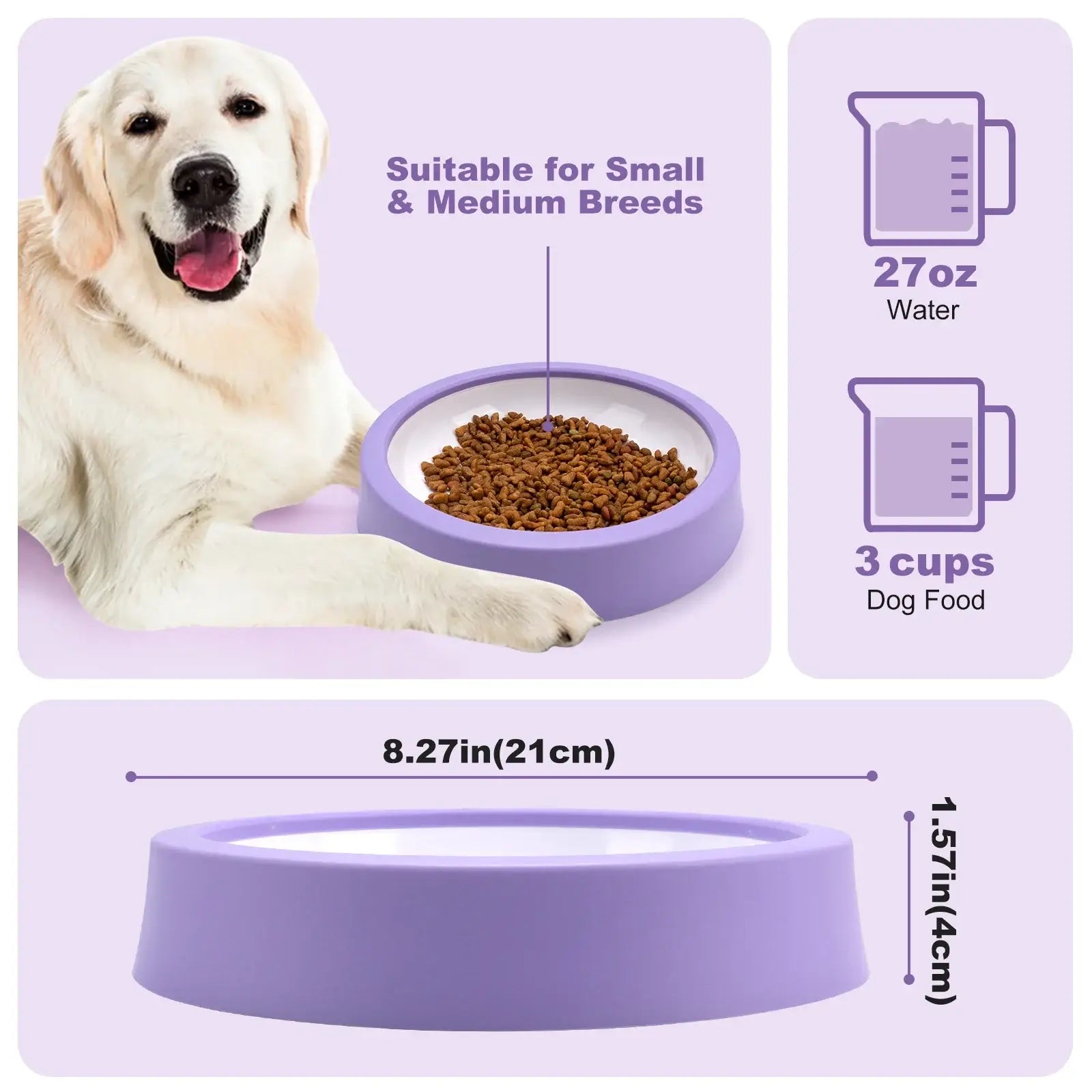 slow feeder dog bowl for small and medium breeds, 27oz water and 3 cups food, purple anti-gulping feeder