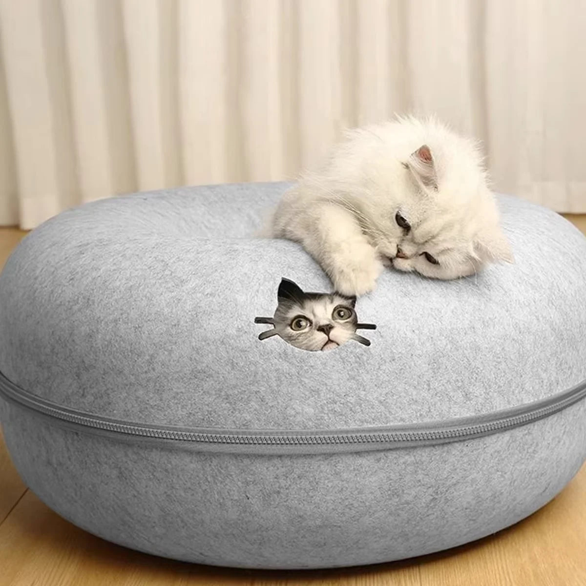 round cat tunnel bed felt cat nest bed for sleeping, hiding, and play, with cozy donut-style cushion