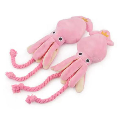 Pink interactive sound-emitting dog chew toy octopus plush with rope, durable teeth-cleaning pet toy for dogs and cats