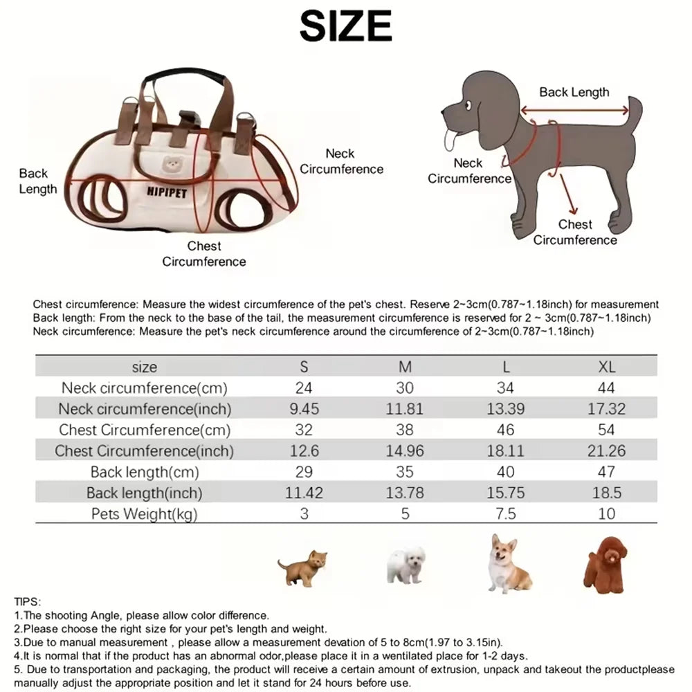 Dog backpack carrier size guide with pet measurements for small to medium dogs, breathable travel bag for daily use