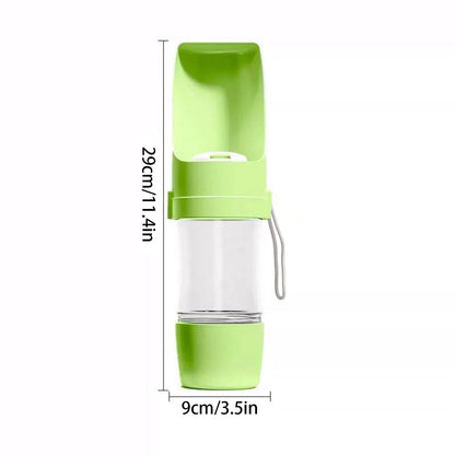 portable dog water bottle with food container, green travel pet water cup for dogs and cats, 29cm tall