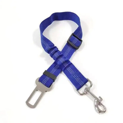 Dog Safety Leash Adjustable Retractable Cushioning Elastic Pet Leash Car Seat Seat Belt Safety Rope Tug Rope in blue color.