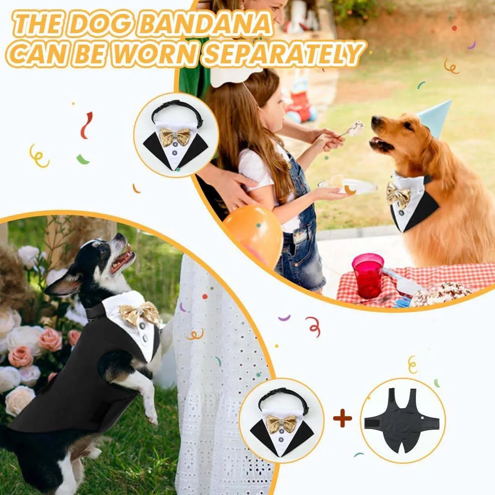 Pet tuxedo outfit with matching collar and bandana for dogs, premium formal wear party costume