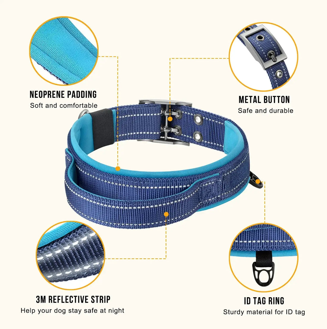 Heavy duty tactical dog collar with neoprene padding, metal buckle, reflective strip, and ID tag ring for dogs