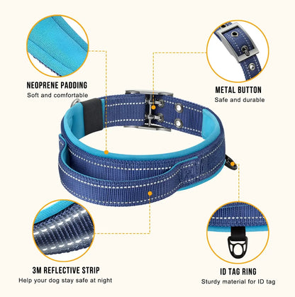 Heavy duty tactical dog collar with neoprene padding, metal buckle, reflective strip, and ID tag ring for dogs