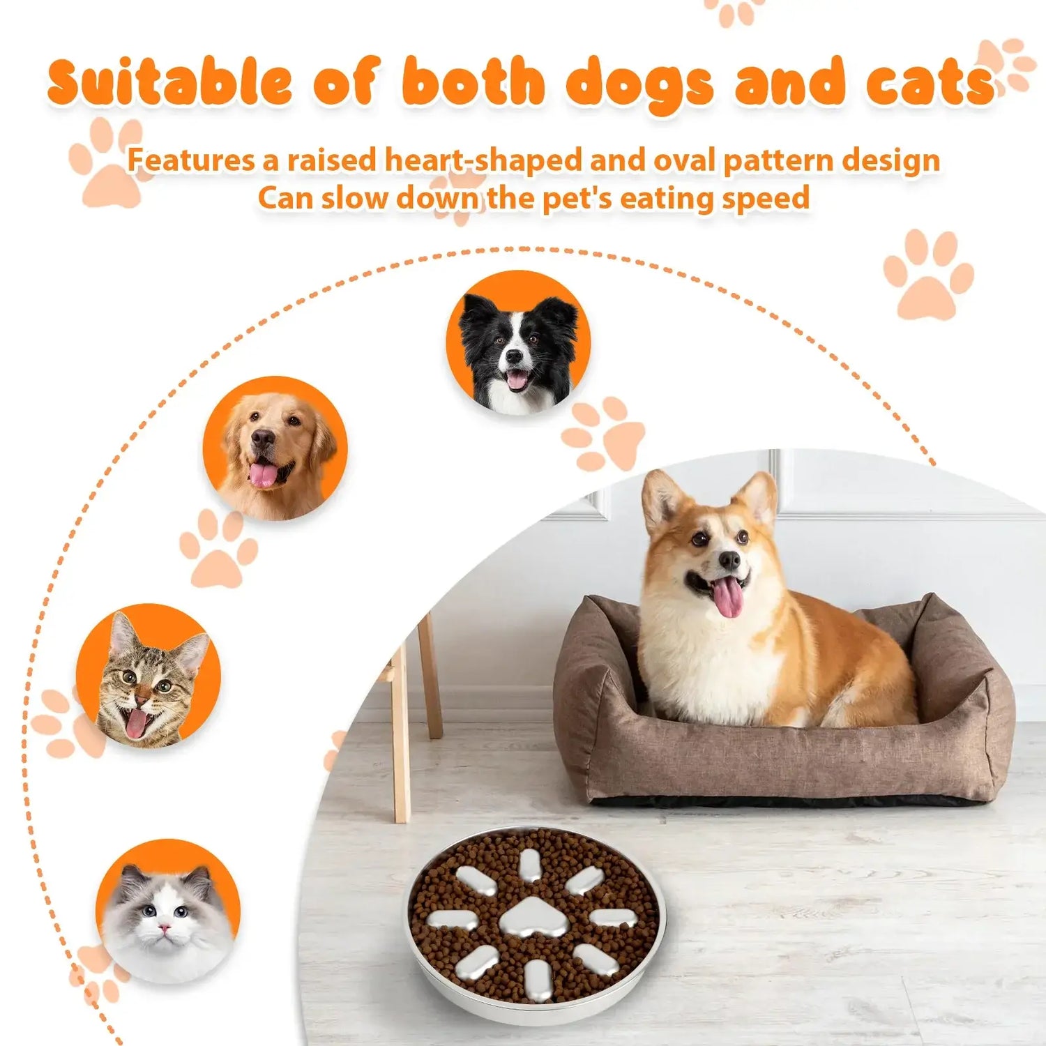 stainless steel slow feeder dog bowl for dogs and cats, anti choking, double sided, anti overturning pet bowl