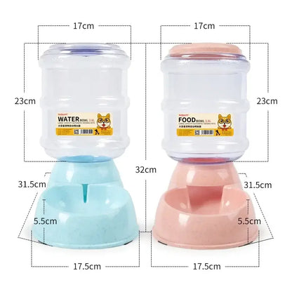Pet water dispenser automatic feeder with dual food and water bowls, plastic design, 17cm size, blue and pink