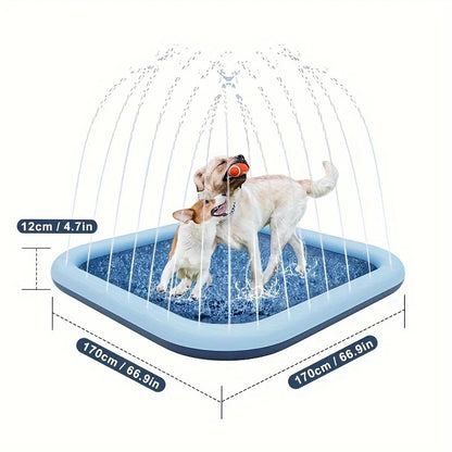 Two dogs playing in a large blue square splash pad with water sprayers and size measurements.