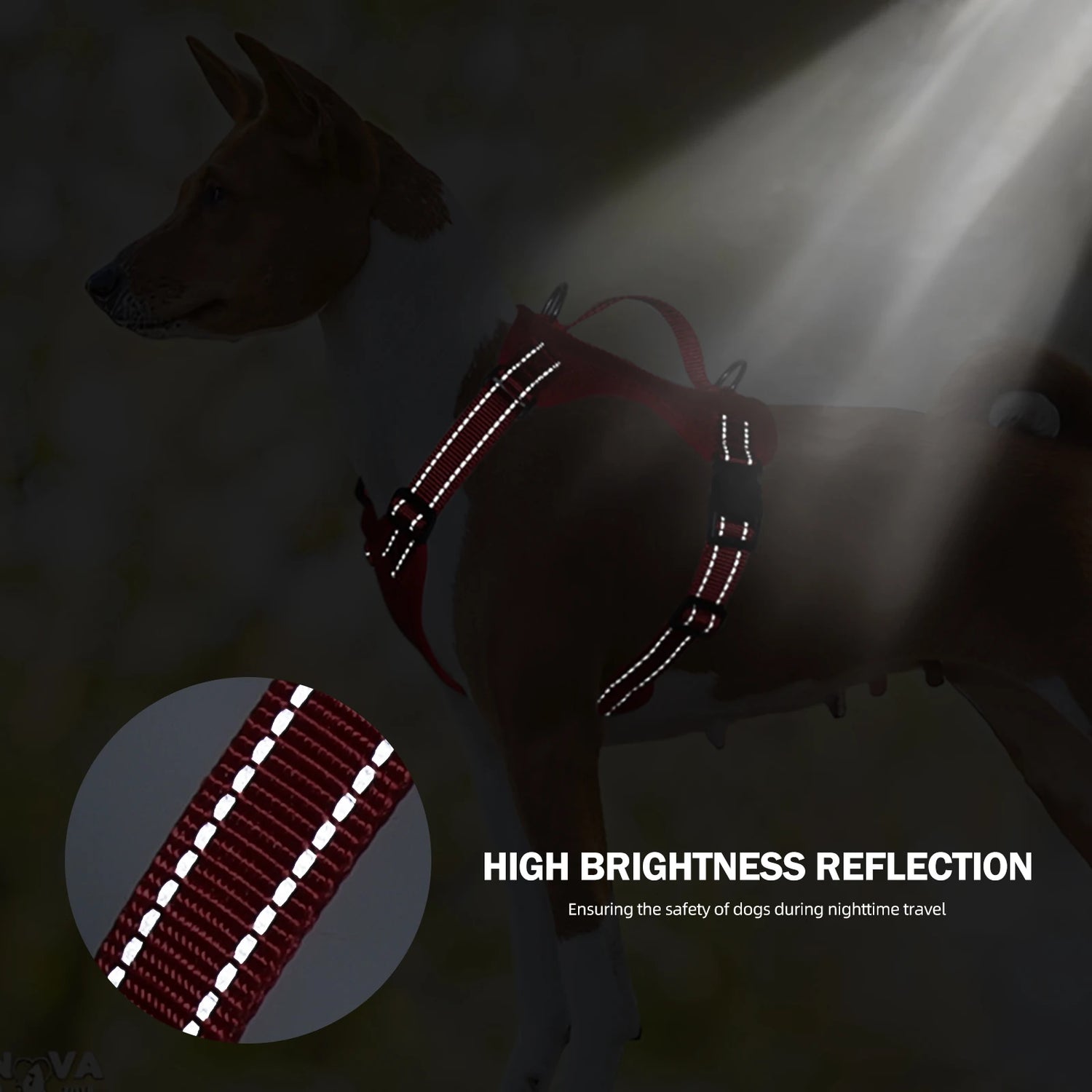 Reflective dog harness and leash set with high brightness reflective strips for safe nighttime dog walking