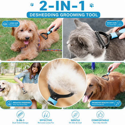 2-in-1 pet deshedding brush with no-scratch rounded teeth for dogs and cats, reduces shedding and removes undercoat