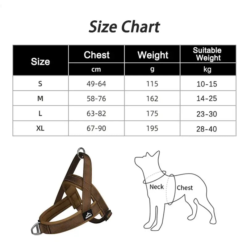 escape-proof tactical dog harness size chart with chest and weight measurements for large dogs