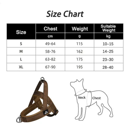 escape-proof tactical dog harness size chart with chest and weight measurements for large dogs