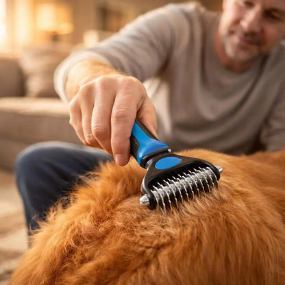 Dog deshedding brush removing loose fur from a fluffy pet at home, ideal grooming tool for shedding and mat removal