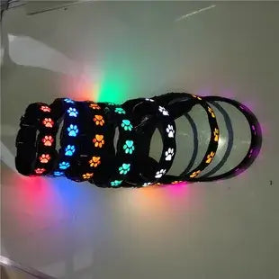 luminous dog collar colorful LED paw print nylon pet collar for walking, adjustable, rechargeable, all seasons